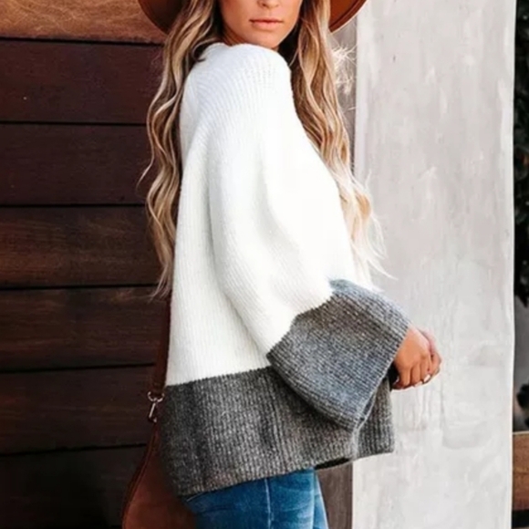BOHO Flare Sleeve Bi-Color Knit Sweater Top Ivory Gray 😍 NEW! - Picture 3 of 4